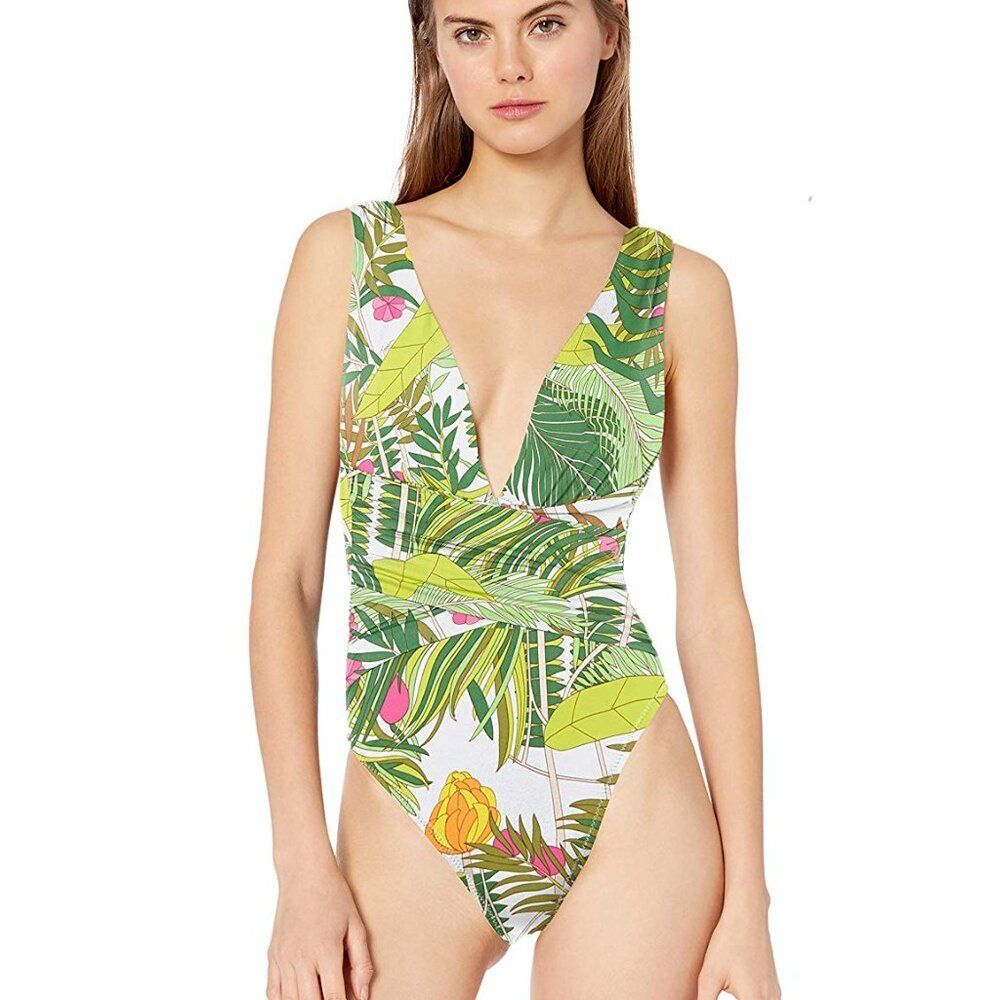 NWT Trina Turk One Piece Swimsuit Size 6 Green Plunge Wrap Front Leaf Print